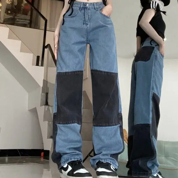 High Waist Hip Hop Color Contrast Patchwork Jeans