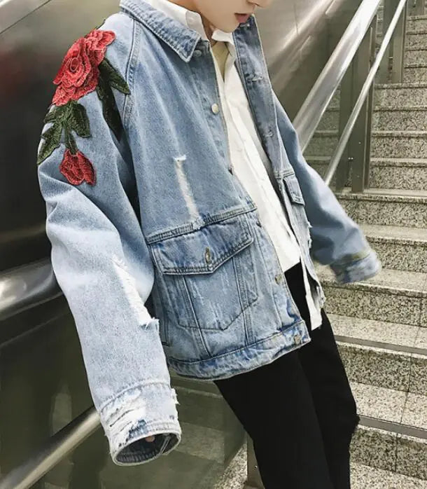 Embroidered Red Flower Denim Hip Hop Jacket