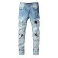 Fashionable Light Blue Stretch Denim Jeans with Patches