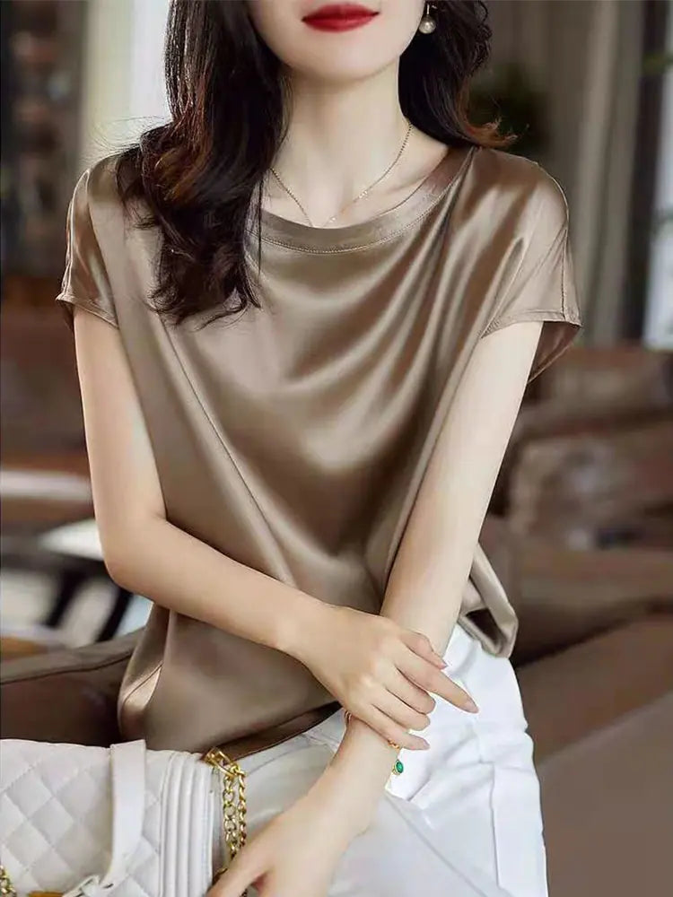 High-end Acetate Mulberry Silk T-shirt for Women