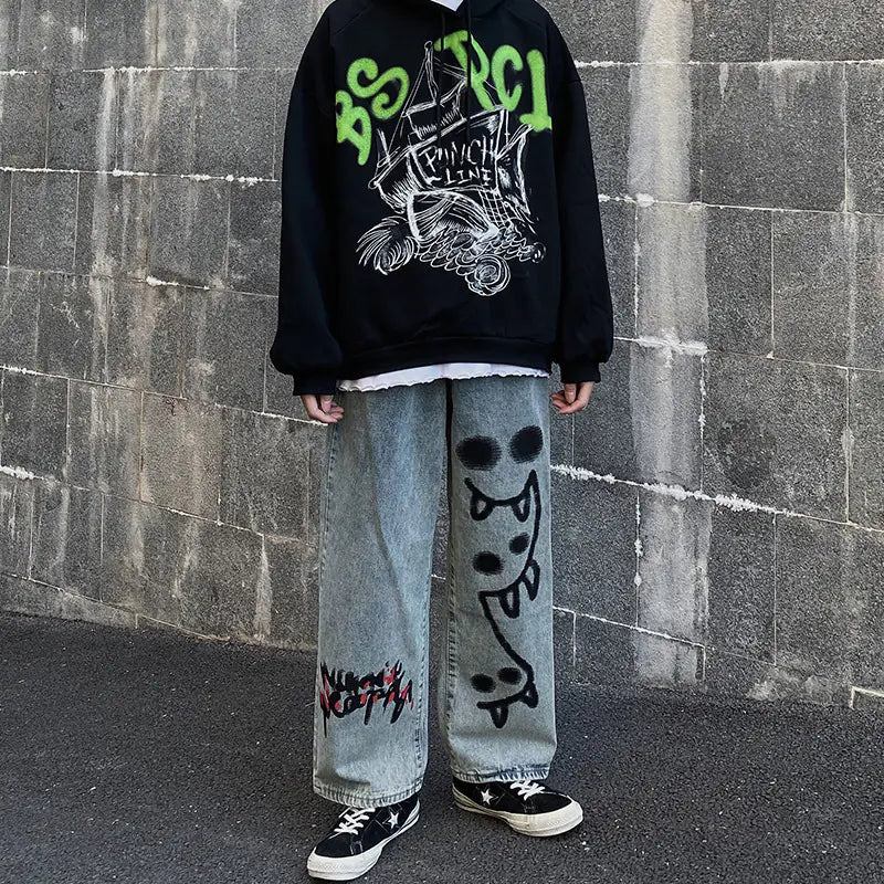 High Street Hip-hop Graffiti Print Casual Denim Trousers