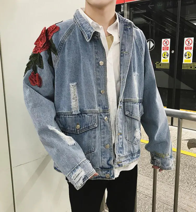 Embroidered Red Flower Denim Hip Hop Jacket