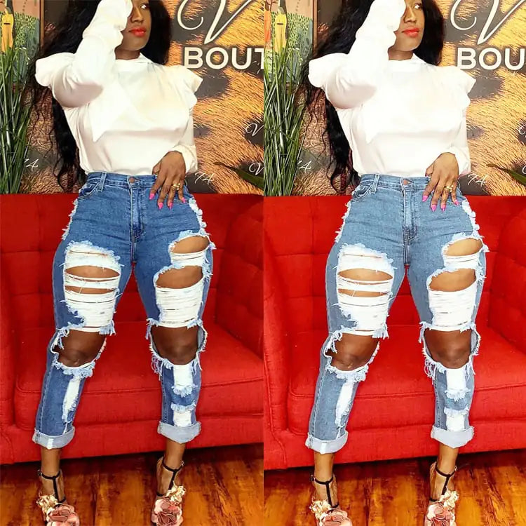 Hip Hop Women's Fashion Jeans with Distressed Holes