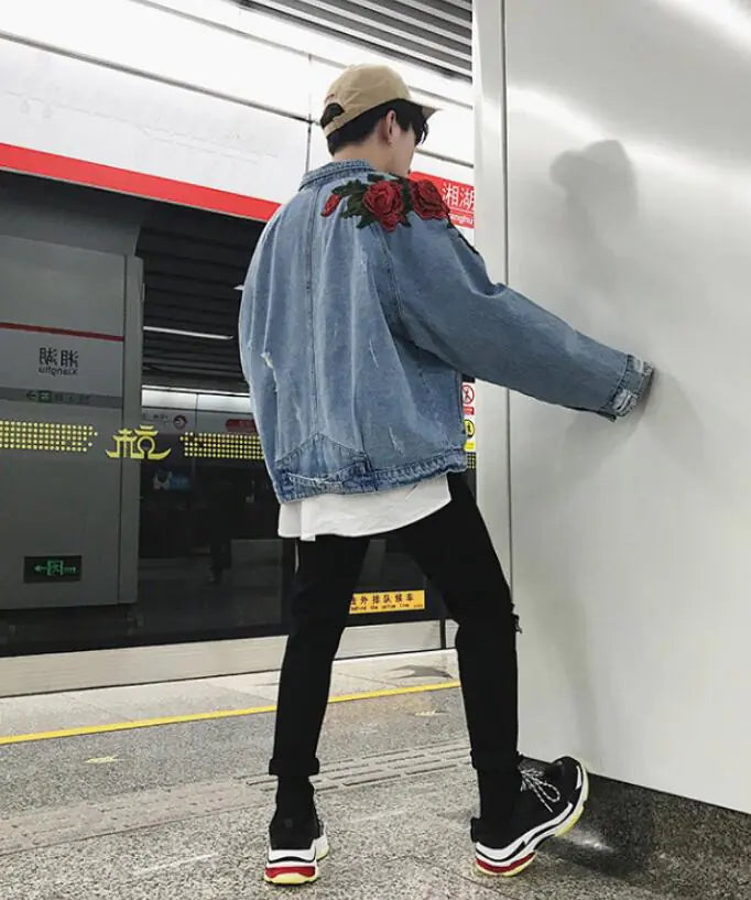 Embroidered Red Flower Denim Hip Hop Jacket