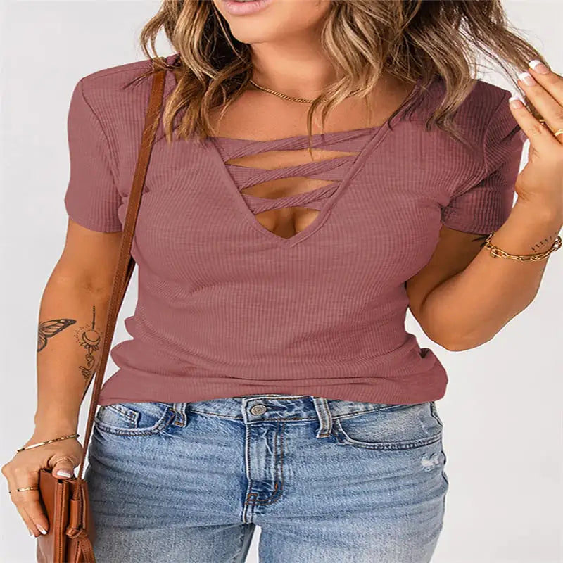 European American Women's Plus Size V-neck Pullover Top
