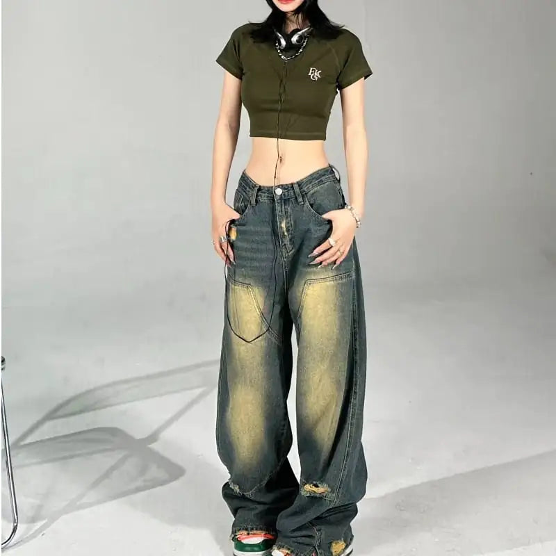 High Street Hip Hop Yellow Contrast Color Jeans for Women