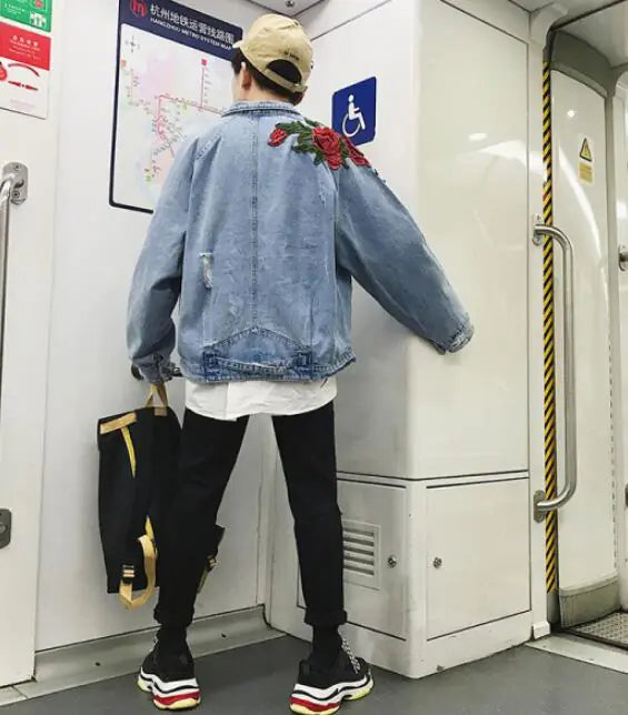 Embroidered Red Flower Denim Hip Hop Jacket