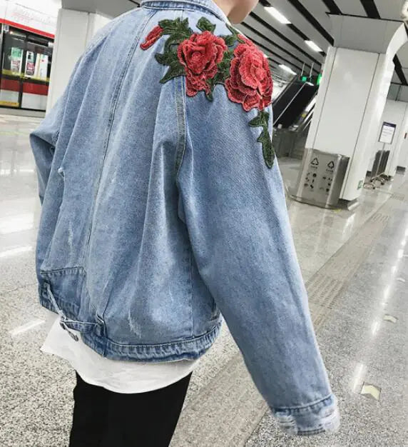 Embroidered Red Flower Denim Hip Hop Jacket