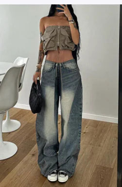 American Retro Washed Pleated Casual Jeans for Street Wear