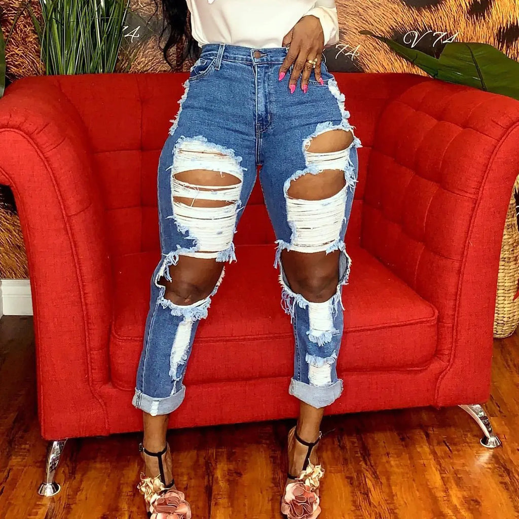 Hip Hop Women's Fashion Jeans with Distressed Holes