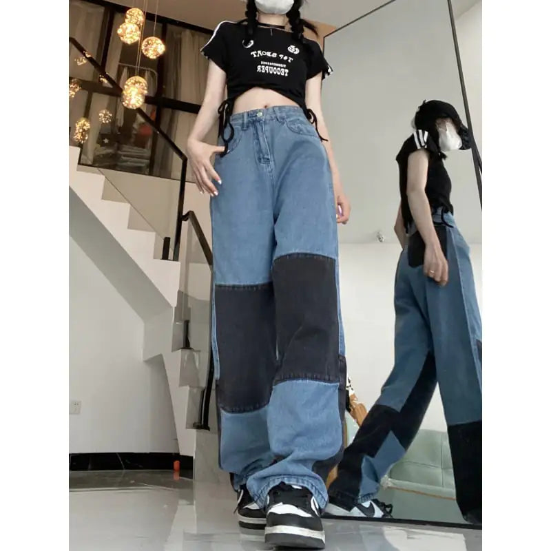 High Waist Hip Hop Color Contrast Patchwork Jeans