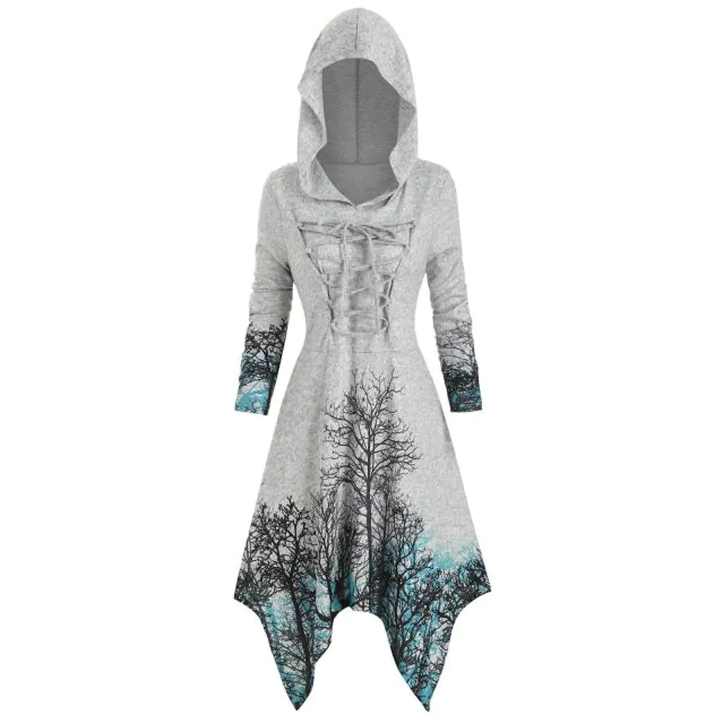 2022 Women's Plus Size Tree Print Hooded Dress