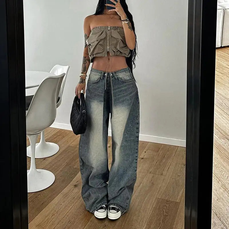 American Retro Washed Pleated Casual Jeans for Street Wear