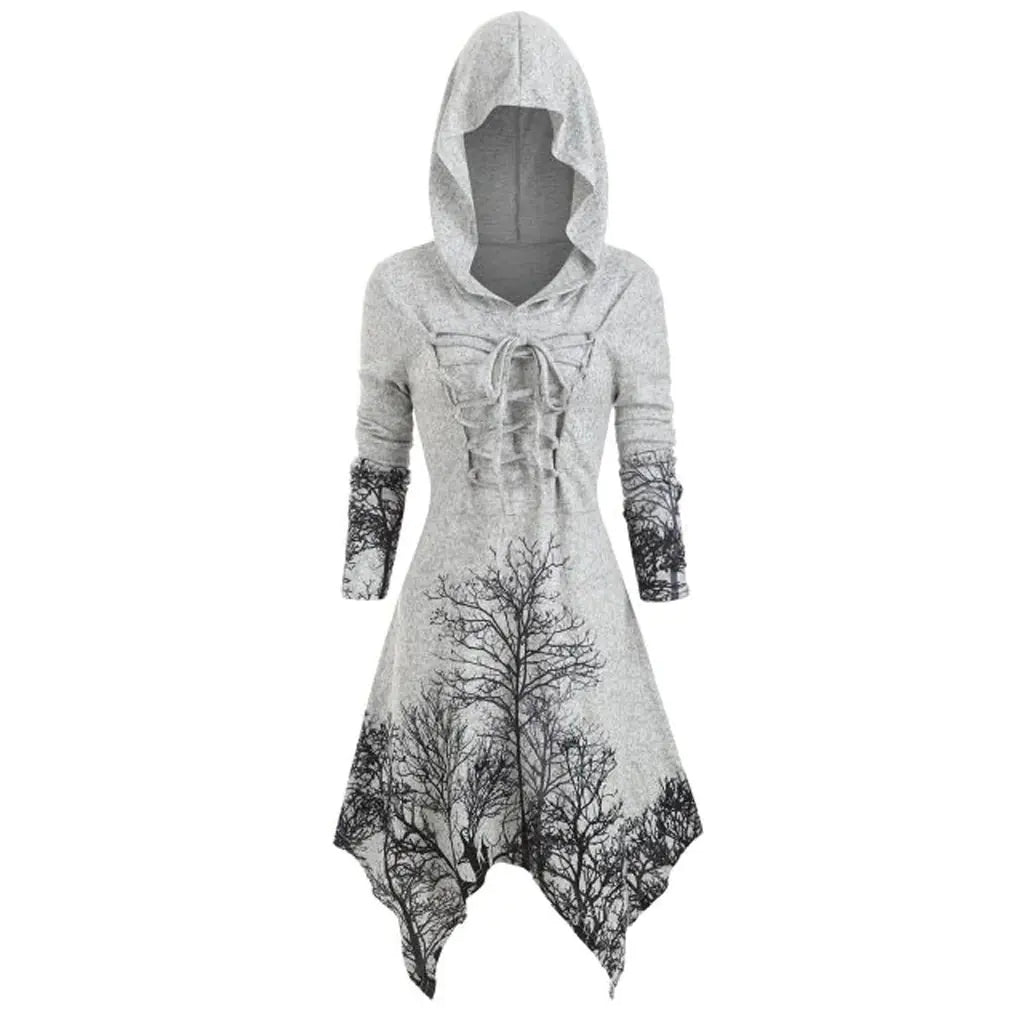 2022 Women's Plus Size Tree Print Hooded Dress