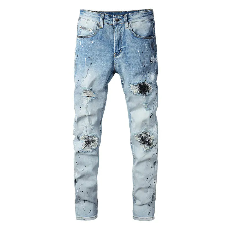 Fashionable Light Blue Stretch Denim Jeans with Patches