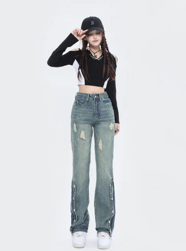 High Street Men's Zipper Slit Jeans Fashion